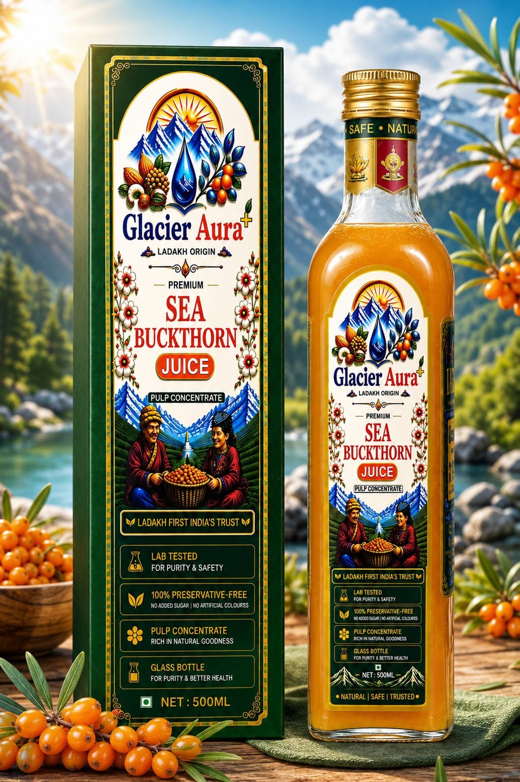 GlacierAura+ Himalayan Sea Buckthorn Juice 500 ml | Premium Glass Bottle | 100% Preservatives Free | No Added Sugar | No Added Xanthan Gum | Natural Source of Vitamin C, Antioxidants & Omega 3, 6, 7 & 9 | Made from Himalayan Sea Buckthorn